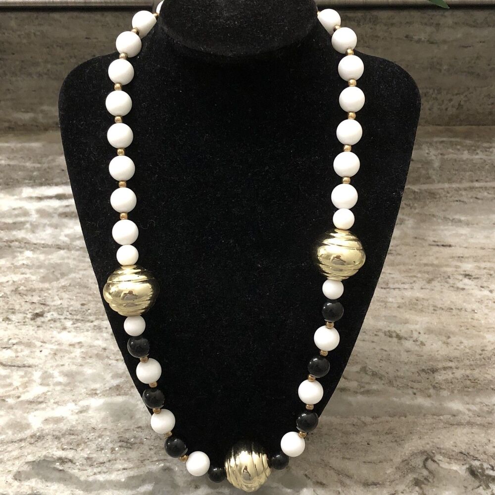 Vintage Black And White Beaded Necklace With Gold Tone Accent Beads